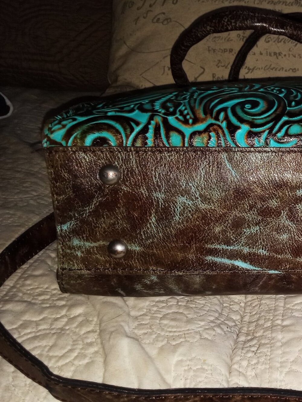 Patricia Nash Turquoise Brown Tooled Leather Satchel Crossbody Bag - Picture 4 of 10
